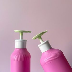 Chai Hồng đậm sọc HDPE vòi nhấn xanh lá