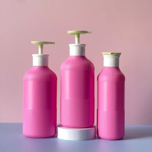 Chai Hồng đậm sọc HDPE vòi nhấn xanh lá