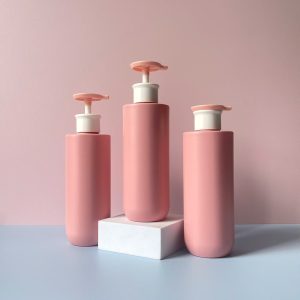 Chai HDPE hồng vai ngang đáy bầu vòi nhấn trắng