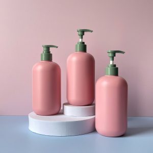 Chai HDPE Hồng vòi nhấn sọc xanh đậm