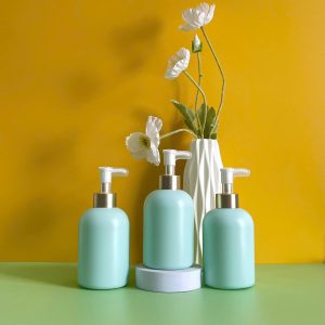 Chai HDPE Xanh Mint Tròn Lùn Vòi Nhấn Trắng