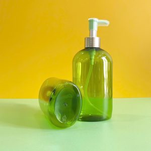 Chai đựng dầu gội PET xanh ngọc vòi nhấn kẹp xanh lá
